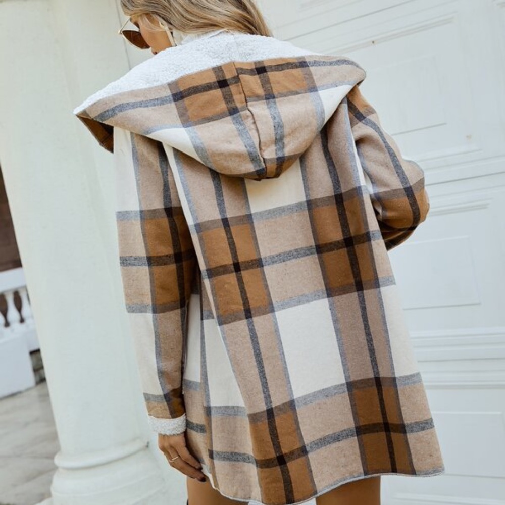 Khaki Tan Plaid Stripes Hoodie Jacket Shacket - Picture 4 of 6